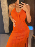 Sexy Halter Backless High Cut Crochet Knitted Tunic Beach Dress Beach Wear Beachwear Beach Cover Up Cover-upsFemale Women V5841