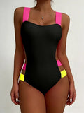 Splicing Black Contrast Women Swimwear One Piece Swimsuit Female Monokini High Cut Bather Backless Bathing Suit Swim Beachwear