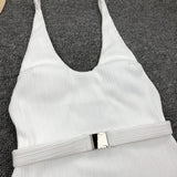 V Neck Ribbed High Cut Women Swimwear One Piece Swimsuit Female Backless Monokini with Waist Belt Bathing Suit Swim Beachwear