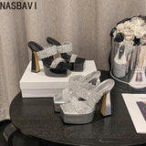 Summer 2026 Crystal Shiny Hollow Out High Heels Women's Sandals Fashion Sexy Size 35-41 Glittering PU Upper Rubber Sole