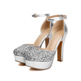 Sequins Glitter Closed Toe Bling Bling Sparkle Women Summer Block High Heels for Evening Dress Platform Sexy Gold Silver Sandals