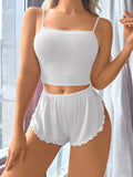Women's Pajama Set Solid Color Camisole Crop Top and Ruffle Shorts, Sleeveless Soft Sleepwear, Summer Loungewear Outfit