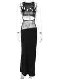 Woman's Elegant Sleeveless Lace Patchwork Evening Dress Black High Street O-neck Backless Hollow Out Slim Long Party Dresses