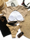Sexy Bikini Women 2-Piece Swimwear Swimsuit Backless Solid Short Sleeve Female Beach Bikinis Set Bathing Suit Banadores Mujer