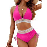 2025 New Bikini European and American Ribbon Deep V Bareback Sexy Bikini Split Swimsuit Swimsuit