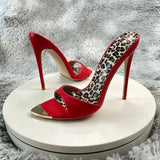 Red matte Leopard Base Slippers Pointed Toe Thin High Heels Women's Shoes Summer Casual Sexy Slip On Party One Word Belt Slipper