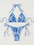 Blue Floral Print 2 Piece Micro Bikini Set for Women 2025 New Push Up Bra Thong Swimsuit Beach Bathing Suit Holiday Swimwear