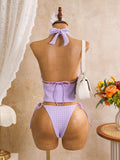 Sexy Pink Plaid Print Bikini Set 2026 Women Bandage Cross Fishbone Top 3 Piece Swimsuit Summer Bathing Suit Holiday Swimwear