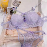 Japanese Lace Bra Set, Heart Pendant Purple Lingerie Sexy & Pure Small Chest Push Up Bralette, Fashion Outerwear Design Enhancer