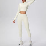 New Women Yoga Set Solid Color Double-Sided Brushed Bare Feel Short Long-Sleeve Jacket Tight Pants Running Fitness 2-Piece Set