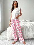 Spring Summer Heart Print Sleepwear Women Comfortable Pajamas Set Short Sleeve T-shirt with Pants Casual Homewear Loungewear