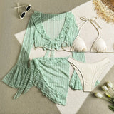 Sexy 4 Pieces Bikinis Sets Women Mesh Long Sleeve Cover Up Beach Skirt Swimwear Holiday Beach Bathing Suit Patchwork Swimsuit