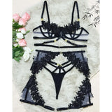 Toucheart Black Sexy See-through Mesh Interesting Hollow Out Underwear Skinny High Waisted Patchwork Steel Ring Underwear Set