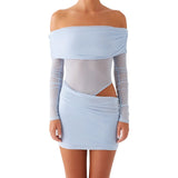 Women Mini Off Shoulder Slim Ruched Solid Color Party Club Dresses Cut Out Long Sleeve Backless Short Mesh Bodycon Dress
