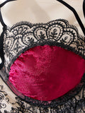 Limited edition retro Hong Kong style red and black velvet lingerie set - see-through lace trimmed bra+thong underwear ZA825166