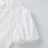 Summer Women's Ruched White Shirts Solid Color Bubble Short Sleeve Button Down Tops Casual Fashion Blouse