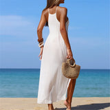 Solid Hollow Out Sleeveless Crochet Knitted Tunic Beach Cover Up Cover-ups Beach Dress Beach Wear Beachwear Female Women V7642