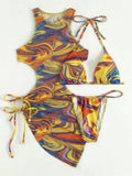 Dress Bikini 2025 Women Sexy High Neck Cut Out Mesh Cover Up Pleate Swimsuit Orange Gradient Bathing Suit Beach 3 Piece Swimwear