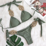 5 Colors Sexy Bikini Women Solid Hand-woven Knot Swimwear Swimsuit Female Bandage Halter Beach Bikini Set Bathing Suit Banadores