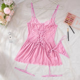 Sexy WhiteTulle Nightdress Woman Lingerie & Thong  V-neck Open Sleep Skirt Erotic Pajamas Garter Dress Set See Through Nightwear