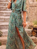 Spring Summer Printed Dress Short Sleeved Deep V-neck Slimming Waist Long Dresses Temperament Slit Dresses Vestidos Para Mujer