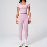 2PC Color Contrast Yoga Suit Women Short Sleeve Square Collar Slim Sports Top Fitness Suits Outdoor Exercise Leggings Tracksuit