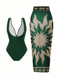 Vintage Green Deep V Neck One Piece Swimsuit 2025 Women Sexy Mesh Long Skirt Swimwear Set Beach Bathing Suit Holiday Monokini