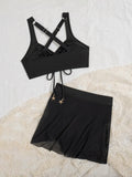 Vintage Black Two Piece Bikini Set 2026 Women Pleate Drawstring Push Up High Waist Skirt Swimwear Beach Bathing Suit Swimsuit