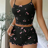 Women's Heart Print Sexy Ribbed Bow Decor Pajama Set, Round Neck Backless Comfortable Crop Cami Top & Shorts, Summer Nightwear