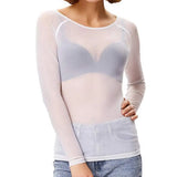 Women Mesh Bottoming Shirt See through O Neck Long Sleeve Lady Blouse Slim Fit Sexy Clear Sun Gauze Tops
