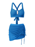 Women Summer Solid Color Bikini Sets Sleeveless Bra with High Waist Drawstring Skort Bathing Suit 2-piece Swimsuit