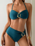 S - XL Metal Rings Halter Female Swimsuit High Waist Bikini Women Swimwear Two-pieces Bikini set Bather Bathing Suit Swim Lady