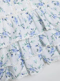 Foridol Blue Flower Print Women Tiered Mini Aummer Autumn Beach Dress Puff Sleeve Vintage Party Cotton Short Boho Lace Dress