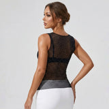 Women Sheer Rhinestones Tank Tops Mesh Sleeveless Shirt Aesthetic Beach Club Sexy Basic Vest Streetwear Summer