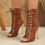 Big Size 42 Sexy Cross-tied Jazzi Summer Boots Women Elegant Brown Zip-up Thin High Heels Summer Ankle Boots Stiletto Shoes