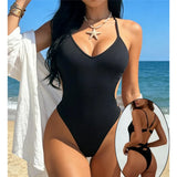 Sexy V Neck Halter Ribbed One Piece Swimsuit Monokini Backless High Cut Leg Bather Bathing Suit Swim Women Swimwear Female K8121