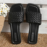 Classic Plus Size Woven Slippers for Women Summer Square Toe Low Heel Slides Sandals Woman Outdoor Pu Leather Beach Flip Flops
