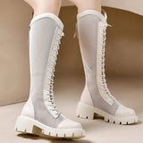 Fashion Breathable Mesh Boots for Woman Summer Solid Zipper Mid-Calf for Women Round Toe Lace Up High Heels Shoes Ladies