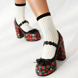 Big Size 43 High Quality Women's y2k Block High Heels Sweet Strawberry Print Mary Jane Pumps Black Pink Platform Lolita Shoes
