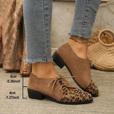 New Patchwork Loepord Pointed Toe Shoes for Women Retro Fax Suede Lacing Pumps Woman Shallow Square Heel Single Shoes Mujer