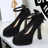 BIGTREE Women's Pointed Toe High Heels Back Bowknot Elegant Flock Ankle Strap Pumps for Women Black Dress Shoe Wedding Party