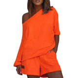 2 Pcs/Set Women Tracksuit One-shoulder Short Pants Solid Color Leisure Summer Top Set