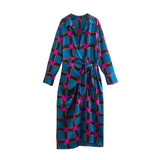 Foridol Side Split Women Fashion Geometric Print Blue New In Shirt Wrap Dress Women Long Sleeve Bowknot Maxi Long Vestido Robe