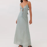 2026 Summer Women Tie-up Back Long Dress Spaghetti Strap V Neck Flowy Loose Dress Casual Party Bohemian Streetwear