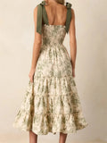 Women's Summer Floral Print Dresses Stylish Ruffled Trim Smocked Sleeveless Tie-Shoulder A-Line Dress