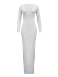 Trendy Solid Color Slim Long Dresses Women Sexy Deep V-neck Hollow Out Leace-up Package Hip Bodycon Party Dress Female Vestidos