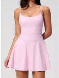 Women Tennis Dress with Shorts Pocket Square Neck Hollow Back Sleeveless One Piece Sports Outfit Fitness Pleate Mini Dresses