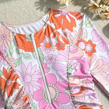 Pink Floral Print Surf Swimwear Women Front Zipper Long Sleeve Sunscreen Holiday One Piece Swimsuit Bathing Suit Monokini 2026