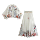 Foridol Marine Organism Embroidery Batwing Sleeve Summer Spring Maxi Skirt Set Cotton White Tassle Dress Set Outfits Button Suit