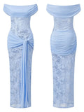 Women Off Shoulder Dress Sleeveless Lace Patchwork Tie-up Summer Long Dress for Cocktail Party